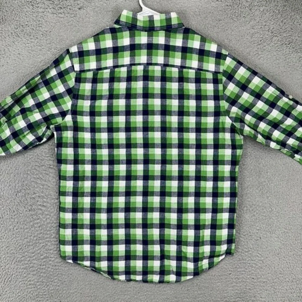 Banana Republic Linen Blend Button Up Shirt Adult Medium Green Navy Plaid Mens